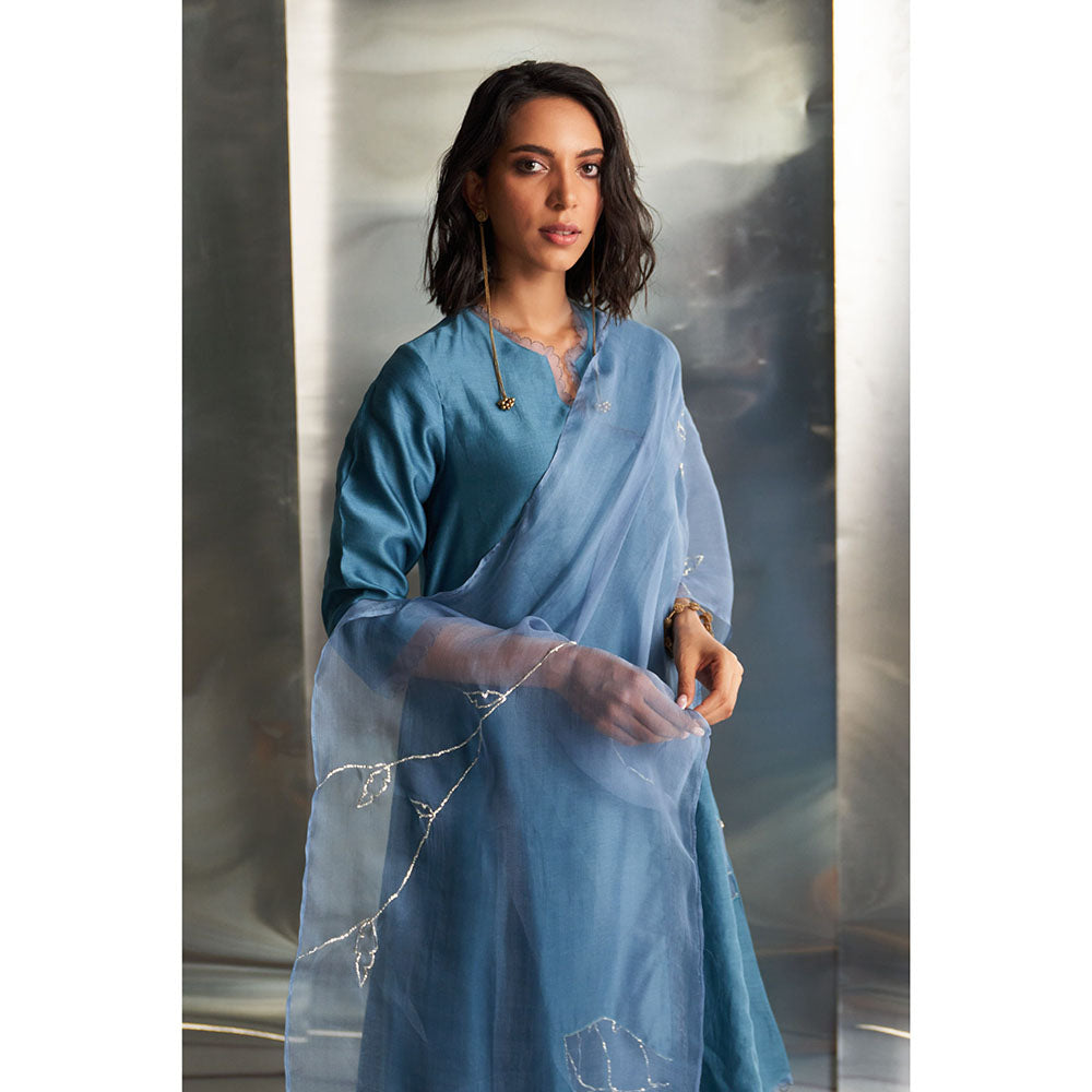 Charkhee Steel Blue Chanderi Asymmetrical Kurta with Pant & Dupatta (Set of 3)