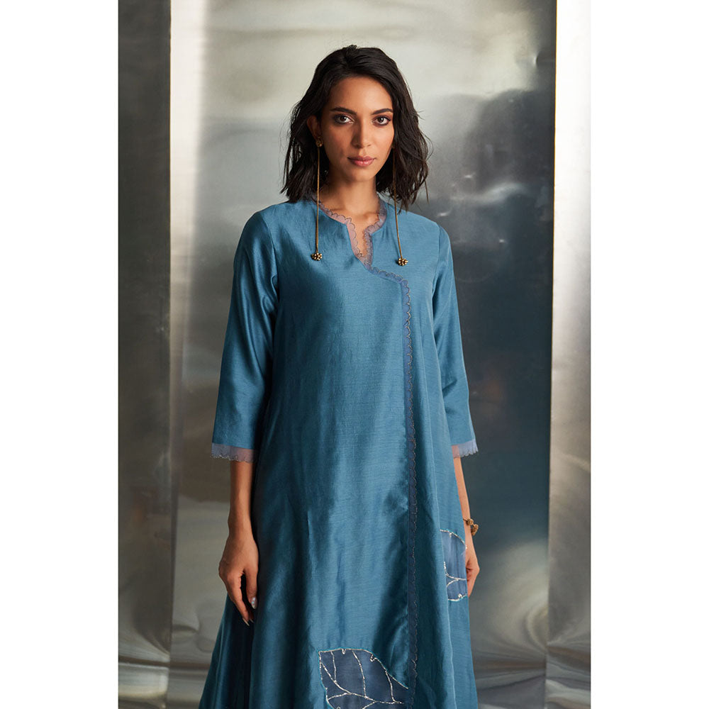 Charkhee Steel Blue Chanderi Asymmetrical Kurta with Pant & Dupatta (Set of 3)
