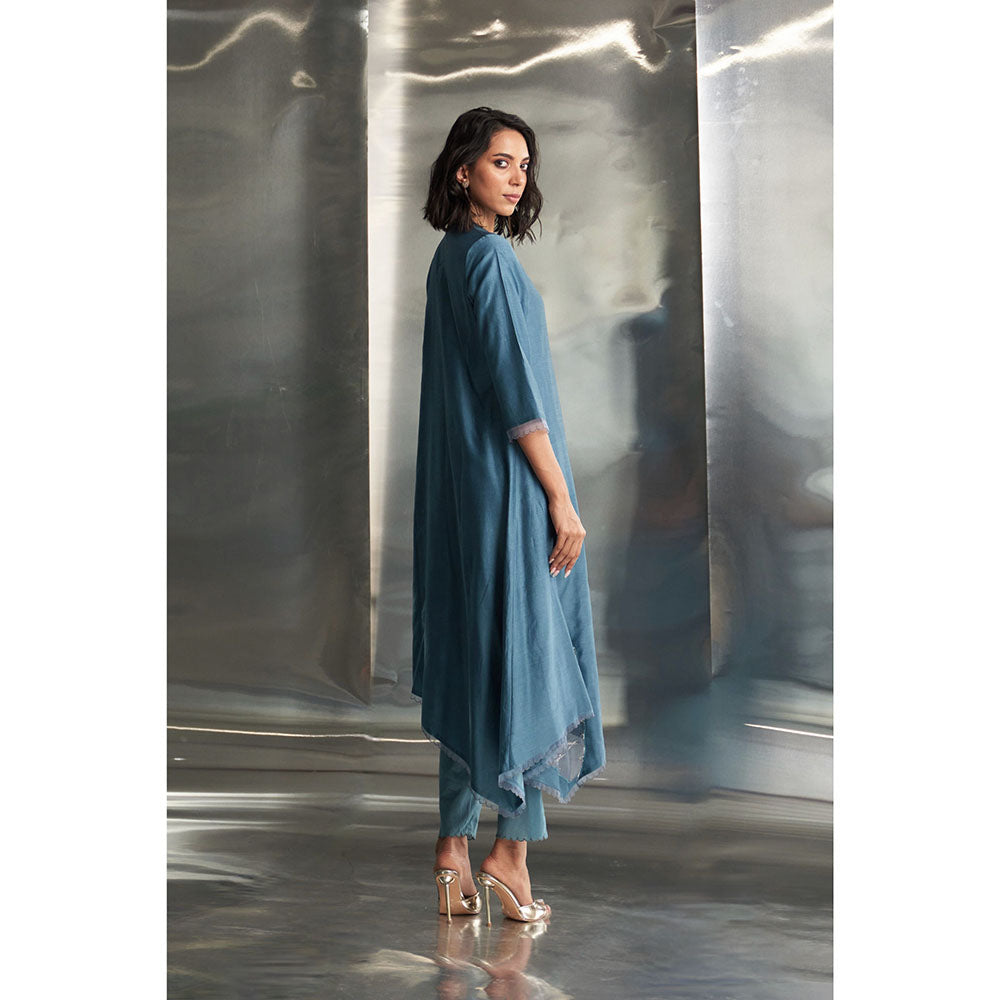 Charkhee Steel Blue Chanderi Asymmetrical Kurta with Pant & Dupatta (Set of 3)