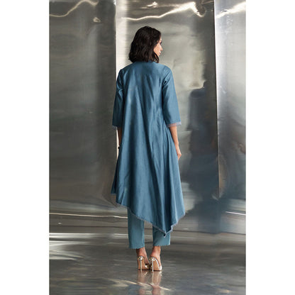 Charkhee Steel Blue Chanderi Asymmetrical Kurta with Pant & Dupatta (Set of 3)