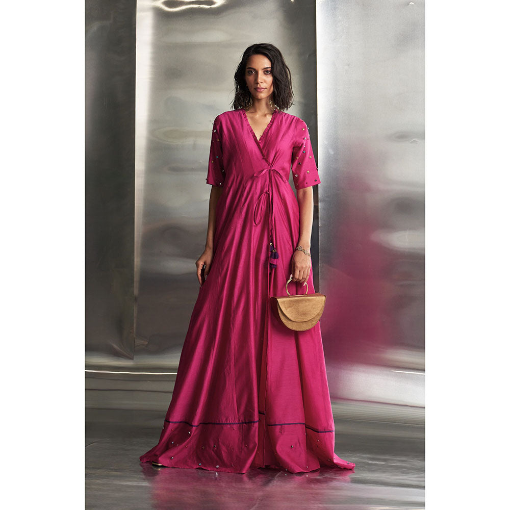 Charkhee Pop Pink Tie-Up Angarkha Wrap Kurta & Pant with Dupatta (Set of 3)