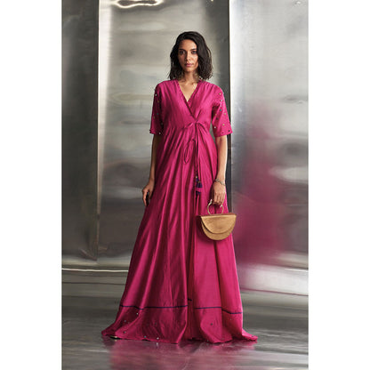 Charkhee Pop Pink Tie-Up Angarkha Wrap Kurta & Pant with Dupatta (Set of 3)