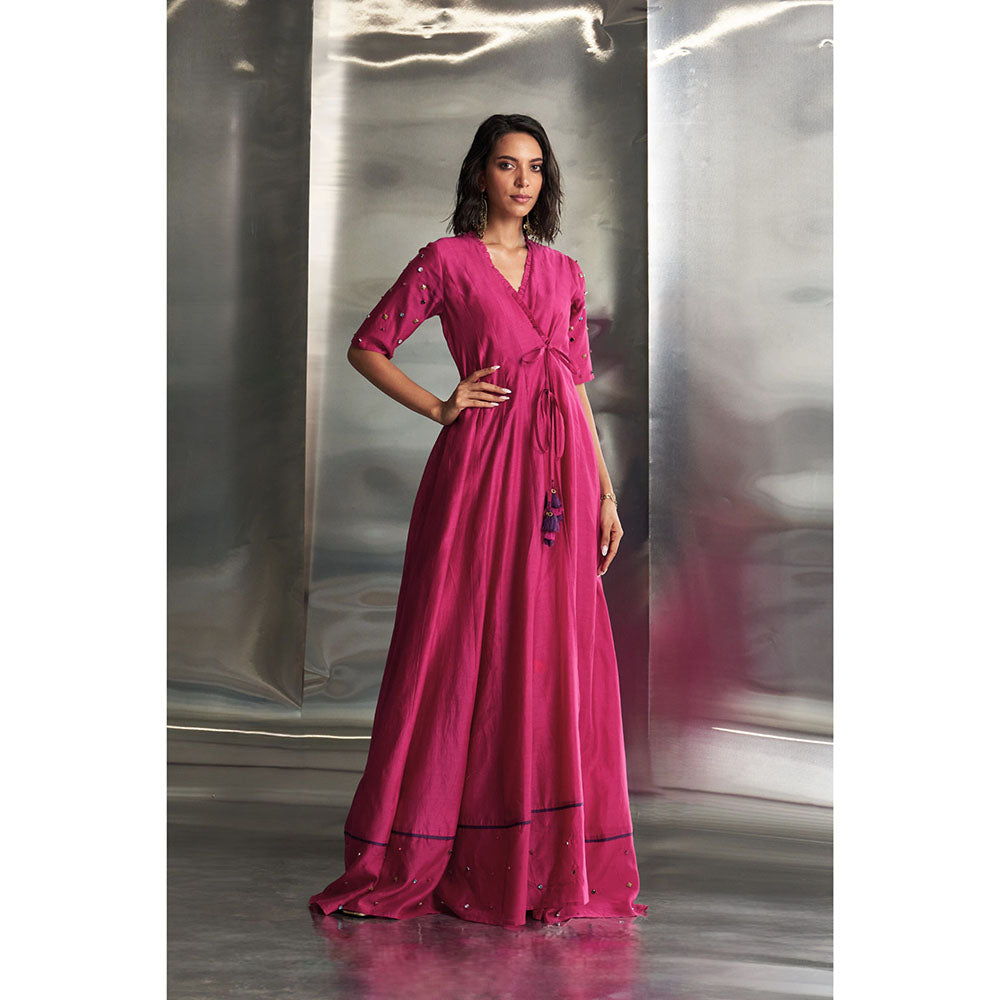 Charkhee Pop Pink Tie-Up Angarkha Wrap Kurta & Pant with Dupatta (Set of 3)