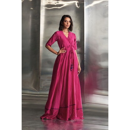 Charkhee Pop Pink Tie-Up Angarkha Wrap Kurta & Pant with Dupatta (Set of 3)