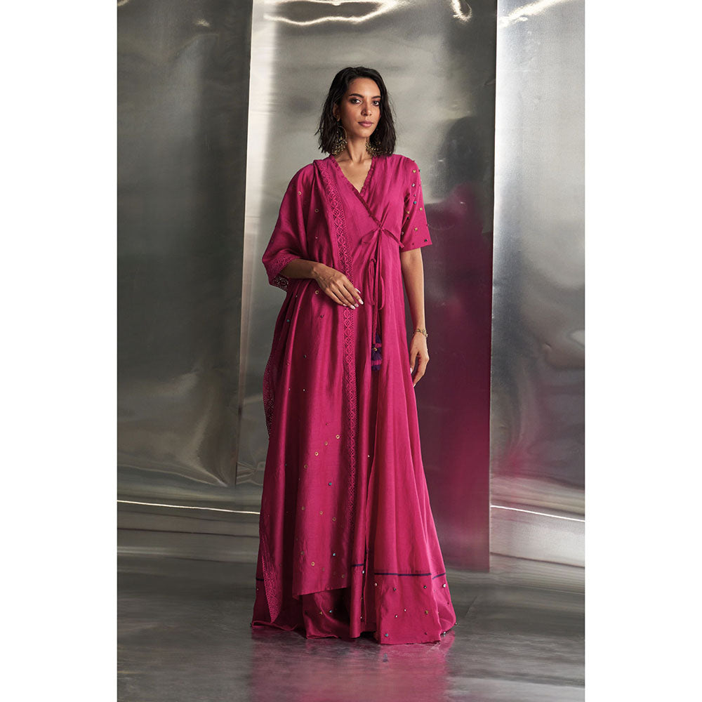 Charkhee Pop Pink Tie-Up Angarkha Wrap Kurta & Pant with Dupatta (Set of 3)