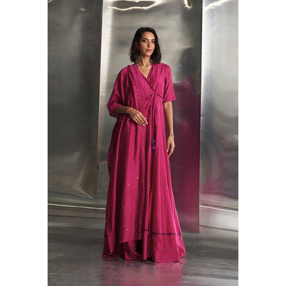 Charkhee Pop Pink Tie-Up Angarkha Wrap Kurta & Pant with Dupatta (Set of 3)