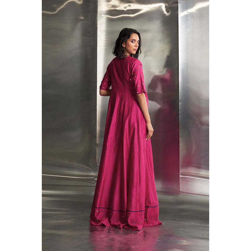 Charkhee Pop Pink Tie-Up Angarkha Wrap Kurta & Pant with Dupatta (Set of 3)