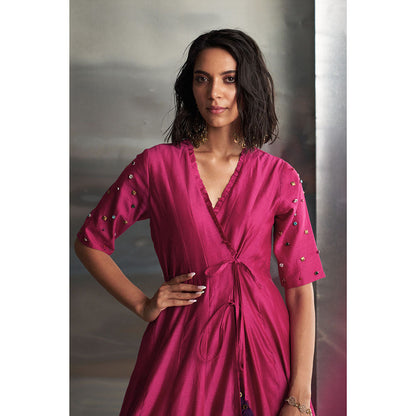 Charkhee Pop Pink Tie-Up Angarkha Wrap Kurta & Pant with Dupatta (Set of 3)