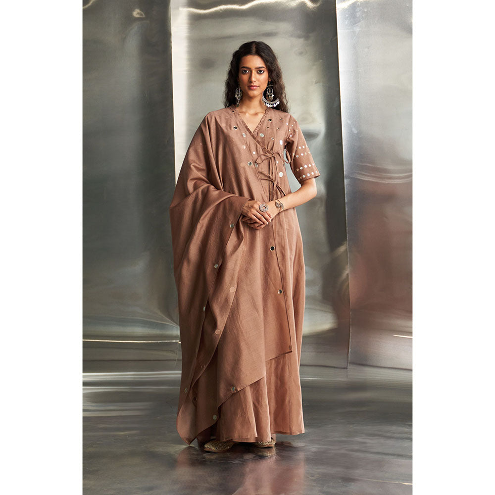 Charkhee Ginger Taupe Chanderi Angarkha Wrap Kurta & Pant with Dupatta (Set of 3)