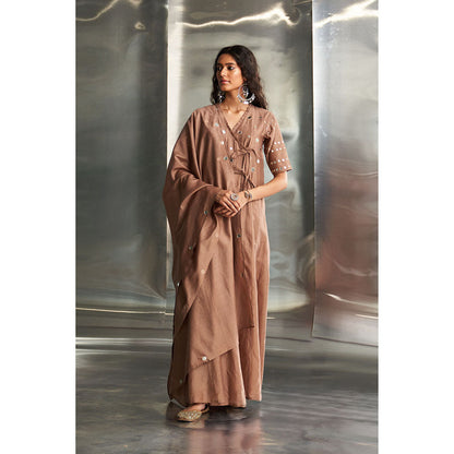 Charkhee Ginger Taupe Chanderi Angarkha Wrap Kurta & Pant with Dupatta (Set of 3)