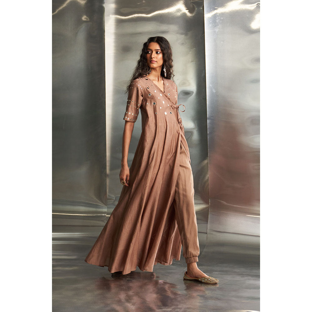 Charkhee Ginger Taupe Chanderi Angarkha Wrap Kurta & Pant with Dupatta (Set of 3)