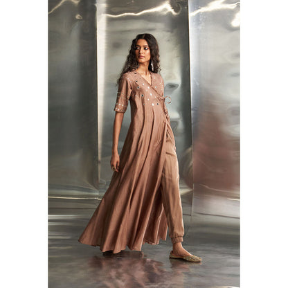 Charkhee Ginger Taupe Chanderi Angarkha Wrap Kurta & Pant with Dupatta (Set of 3)