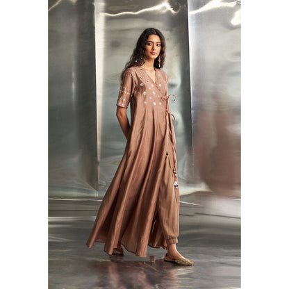 Charkhee Ginger Taupe Chanderi Angarkha Wrap Kurta & Pant with Dupatta (Set of 3)