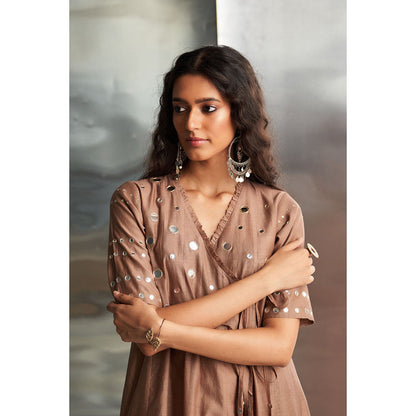 Charkhee Ginger Taupe Chanderi Angarkha Wrap Kurta & Pant with Dupatta (Set of 3)