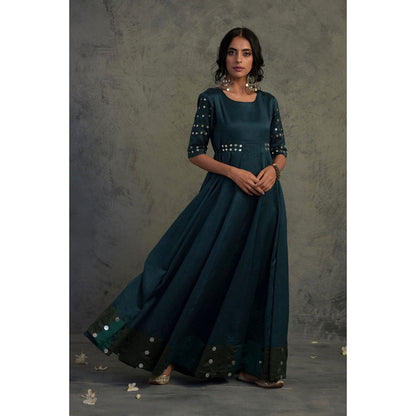 Charkhee Teal Blue Chanderi Anarkali Kurta with Dupatta (Set of 2)