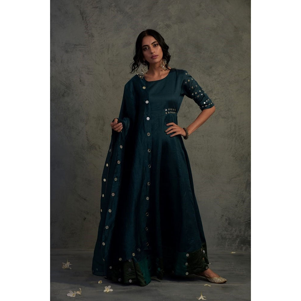 Charkhee Teal Blue Chanderi Anarkali Kurta with Dupatta (Set of 2)