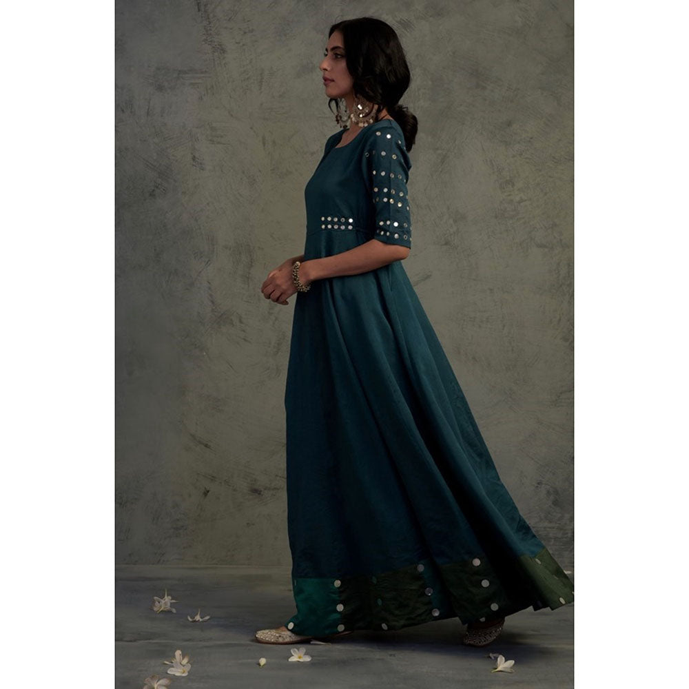 Charkhee Teal Blue Chanderi Anarkali Kurta with Dupatta (Set of 2)