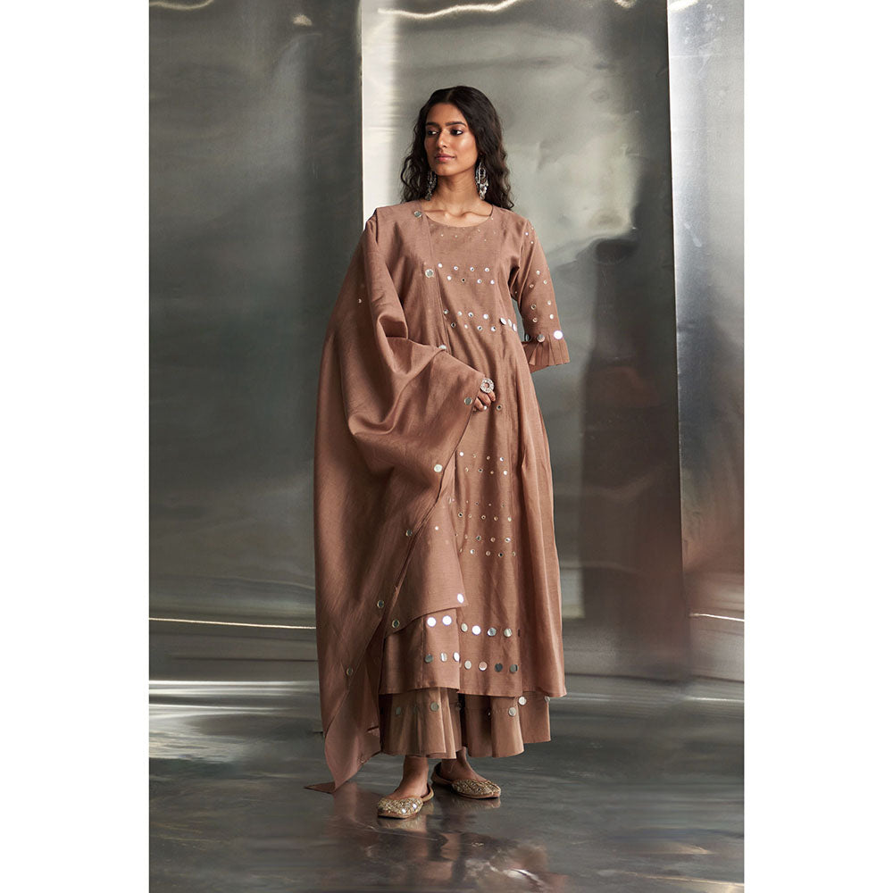 Charkhee Taupe Ginger Pleated Sleeves Kurta & Pant with Dupatta (Set of 3)