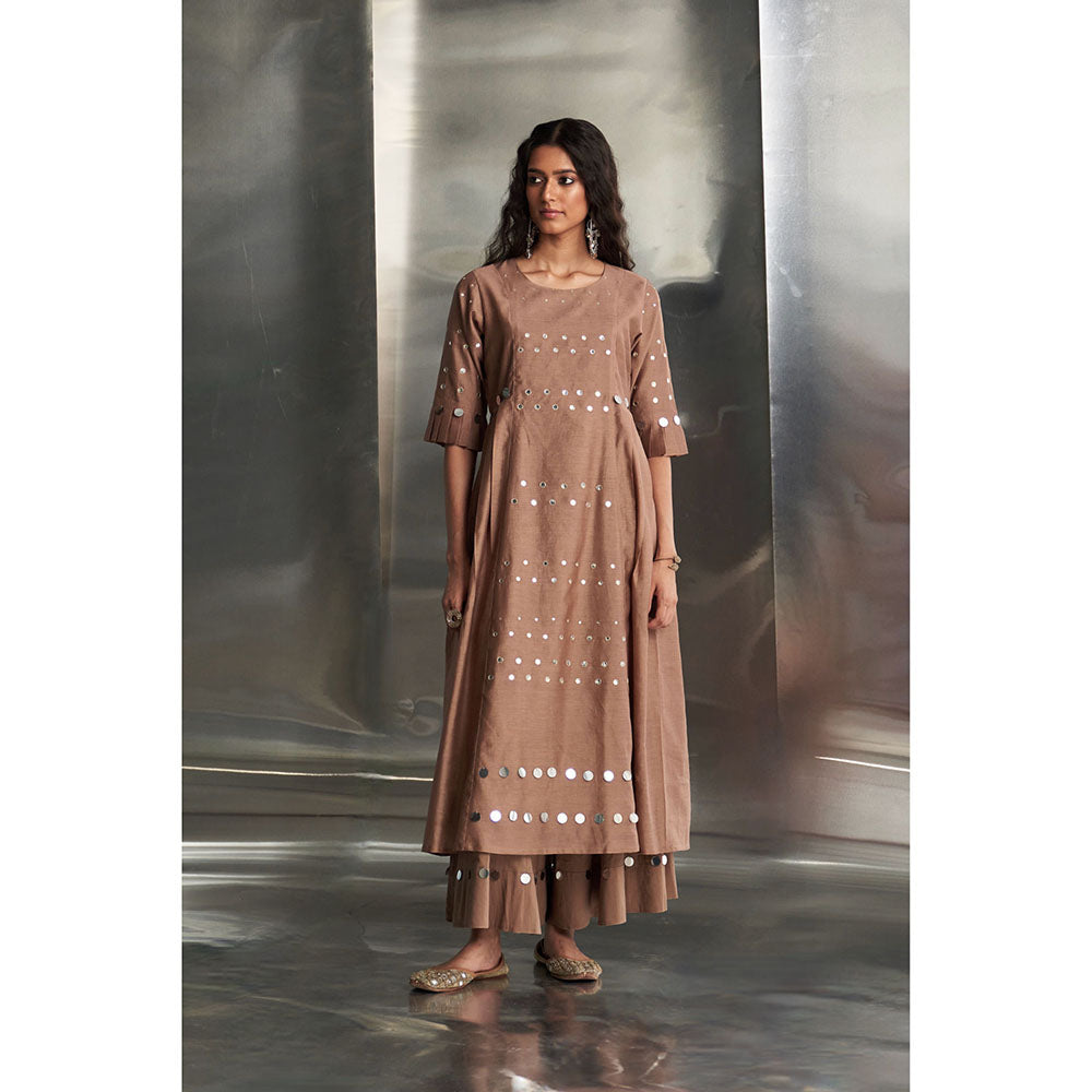 Charkhee Taupe Ginger Pleated Sleeves Kurta & Pant with Dupatta (Set of 3)