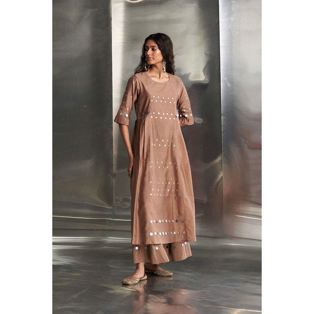 Charkhee Taupe Ginger Pleated Sleeves Kurta & Pant with Dupatta (Set of 3)