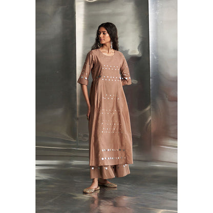Charkhee Taupe Ginger Pleated Sleeves Kurta & Pant with Dupatta (Set of 3)