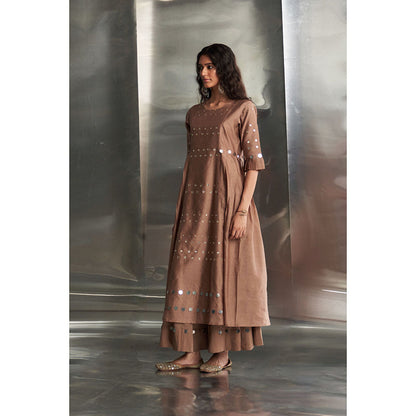 Charkhee Taupe Ginger Pleated Sleeves Kurta & Pant with Dupatta (Set of 3)