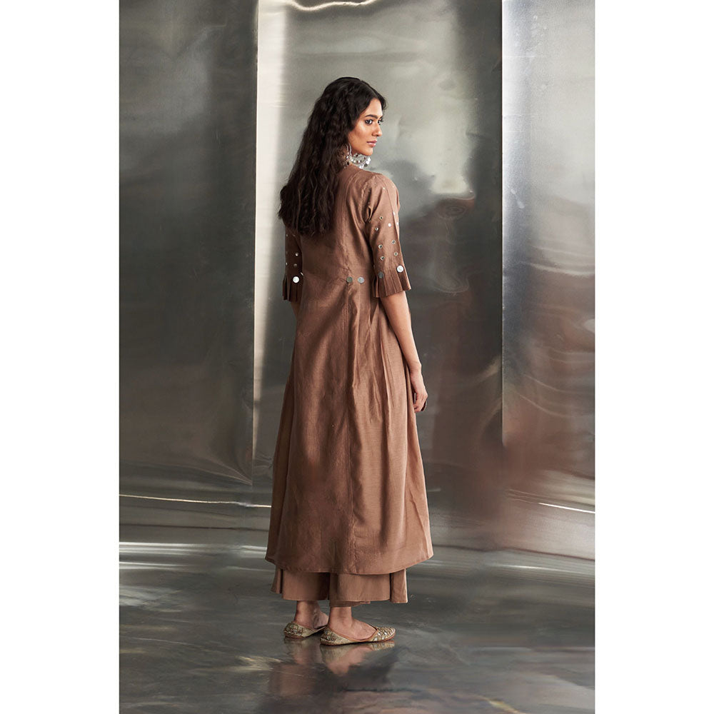 Charkhee Taupe Ginger Pleated Sleeves Kurta & Pant with Dupatta (Set of 3)