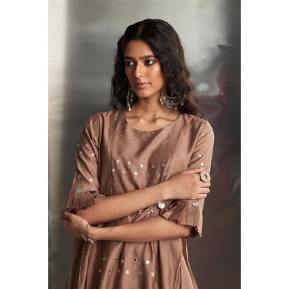 Charkhee Taupe Ginger Pleated Sleeves Kurta & Pant with Dupatta (Set of 3)