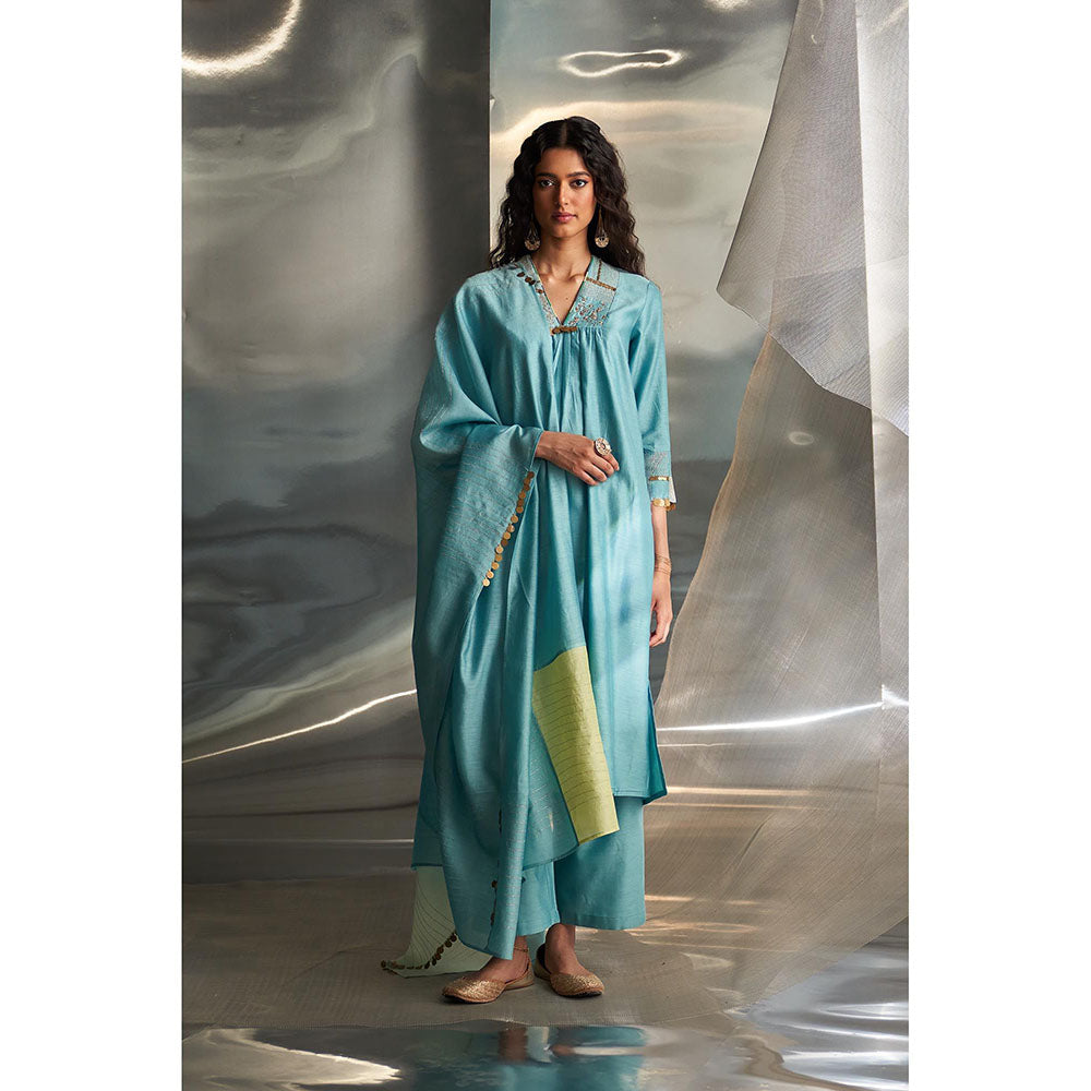 Charkhee Blue Mis'R Embroidered V-Neck Kurta with Pant and Dupatta (Set of 3)