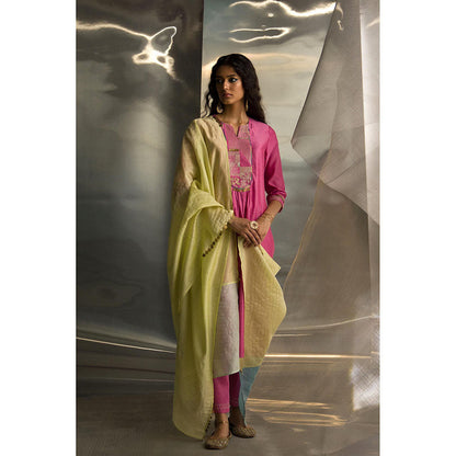 Charkhee Pink Mis'R Embroidered Gathered Kurta with Pant and Dupatta (Set of 3)