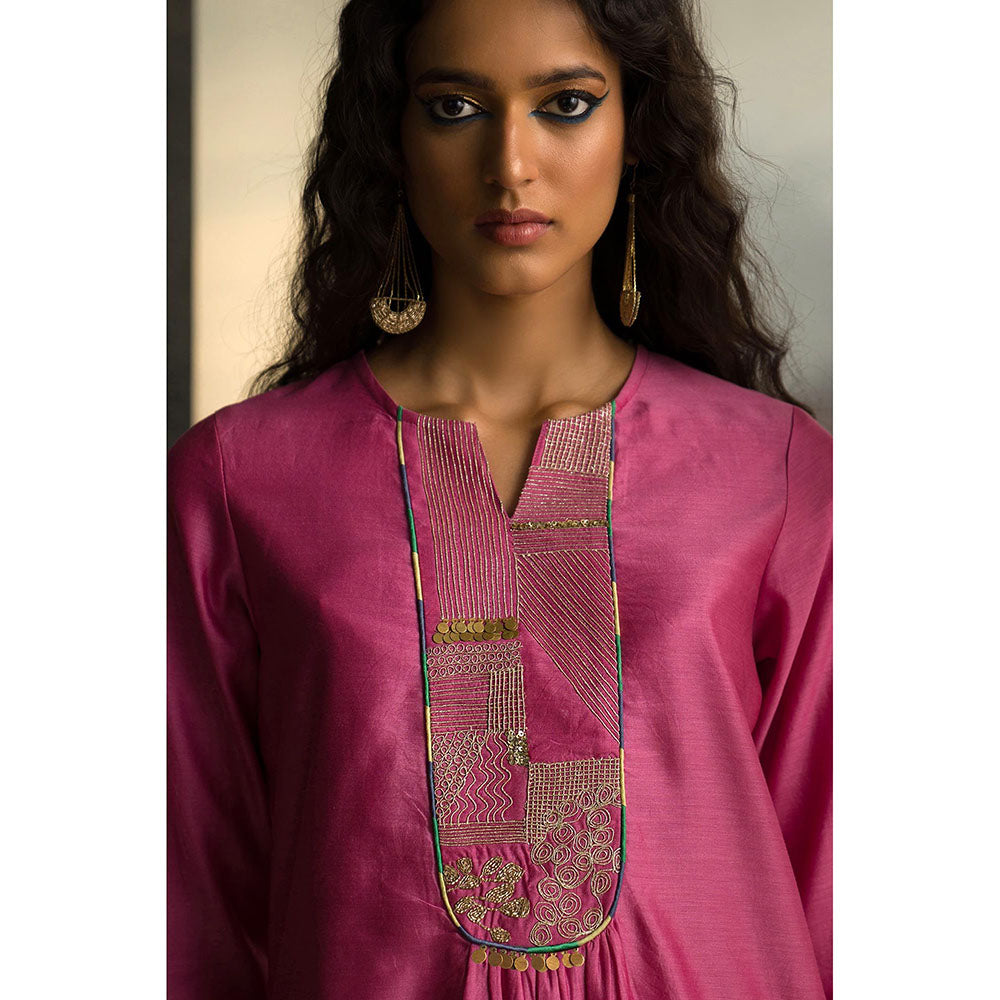 Charkhee Pink Mis'R Embroidered Gathered Kurta with Pant and Dupatta (Set of 3)