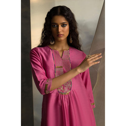 Charkhee Pink Mis'R Embroidered Gathered Kurta with Pant and Dupatta (Set of 3)