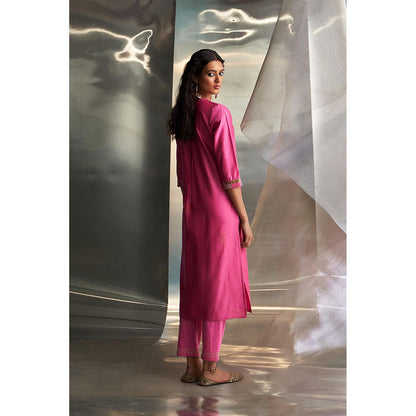 Charkhee Pink Mis'R Embroidered Gathered Kurta with Pant and Dupatta (Set of 3)