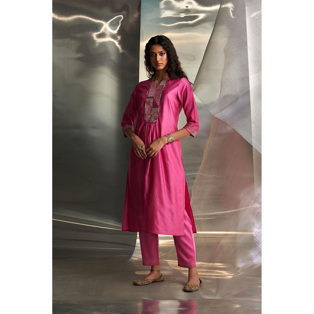 Charkhee Pink Mis'R Embroidered Gathered Kurta with Pant and Dupatta (Set of 3)
