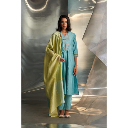 Charkhee Blue Mis'R Embroidered Gathered Kurta with Pant and Dupatta (Set of 3)