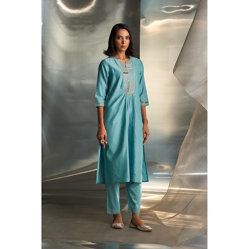 Charkhee Blue Mis'R Embroidered Gathered Kurta with Pant and Dupatta (Set of 3)