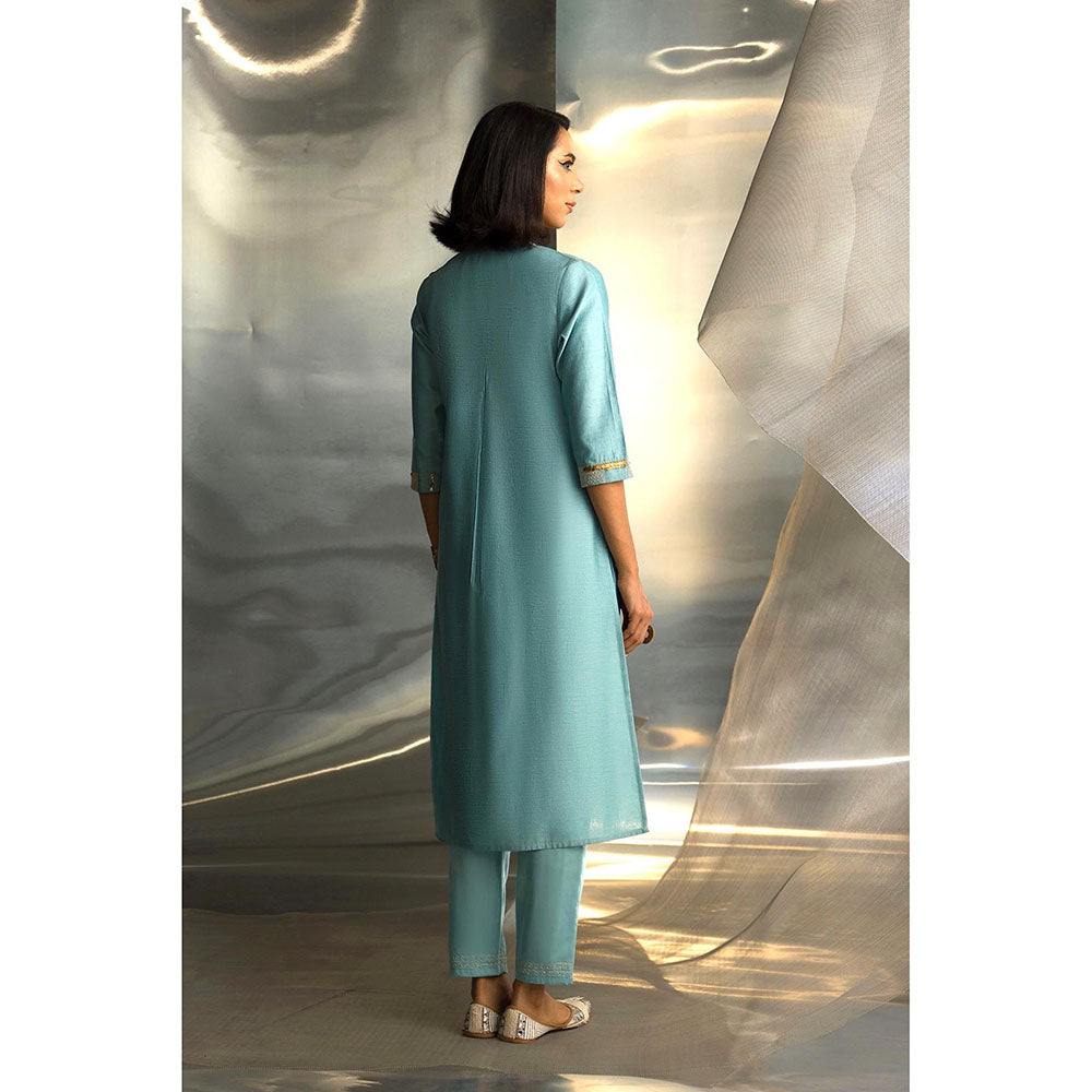 Charkhee Blue Mis'R Embroidered Gathered Kurta with Pant and Dupatta (Set of 3)