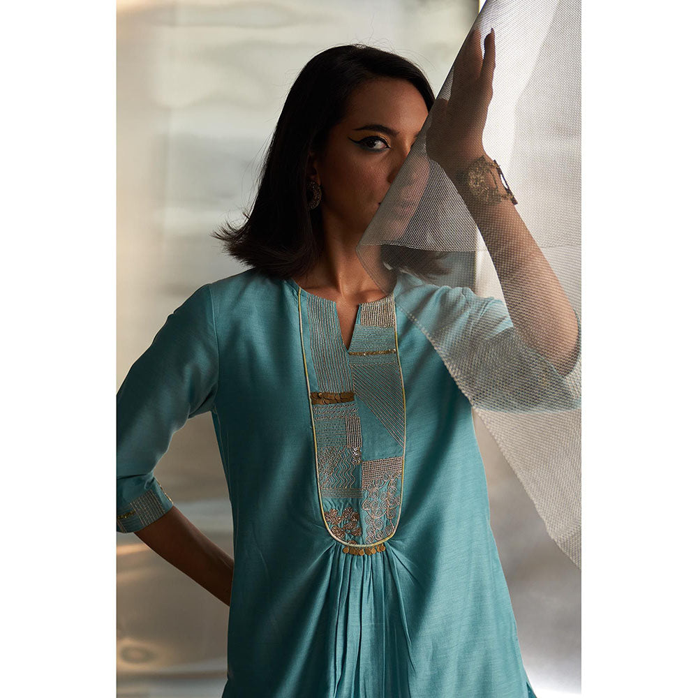 Charkhee Blue Mis'R Embroidered Gathered Kurta with Pant and Dupatta (Set of 3)