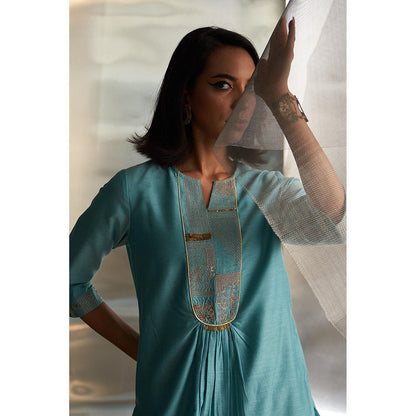 Charkhee Blue Mis'R Embroidered Gathered Kurta with Pant and Dupatta (Set of 3)