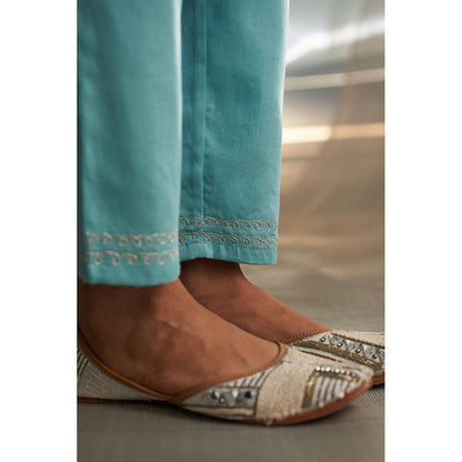 Charkhee Blue Mis'R Embroidered Gathered Kurta with Pant and Dupatta (Set of 3)