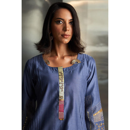 Charkhee Blue Mis'R Embroidered 3/4Th Sleeve Kurta with Pant and Dupatta (Set of 3)