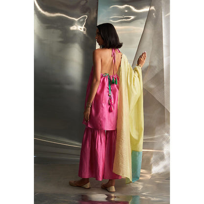 Charkhee Pink Mis'R Sleeveless Embroidered Kurta with Sharara and Dupatta (Set of 3)