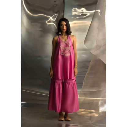 Charkhee Pink Mis'R Sleeveless Embroidered Kurta with Sharara and Dupatta (Set of 3)