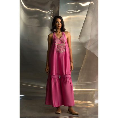 Charkhee Pink Mis'R Sleeveless Embroidered Kurta with Sharara and Dupatta (Set of 3)