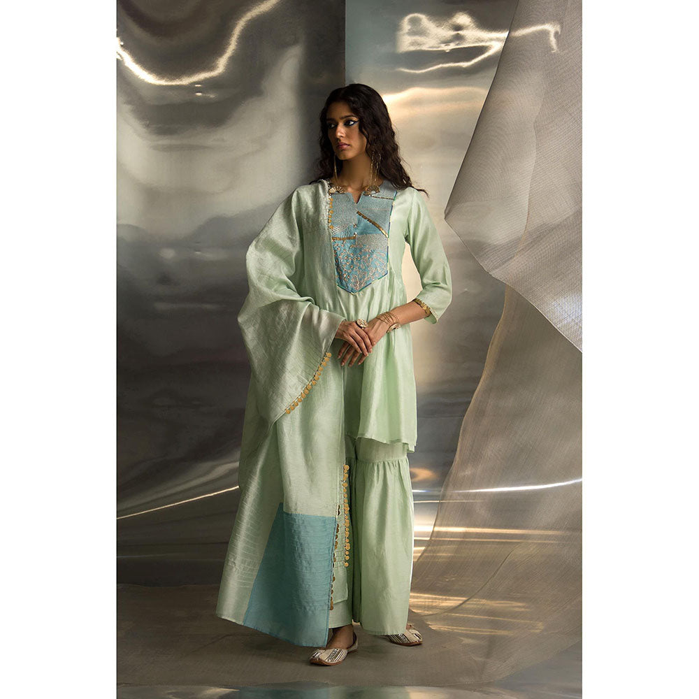 Charkhee Green Mis'R Embroidered Kurta with Sharara and Dupatta (Set of 3)