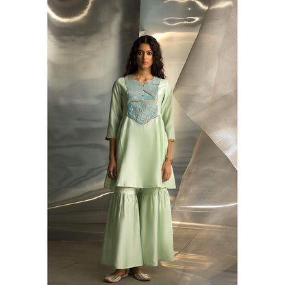 Charkhee Green Mis'R Embroidered Kurta with Sharara and Dupatta (Set of 3)