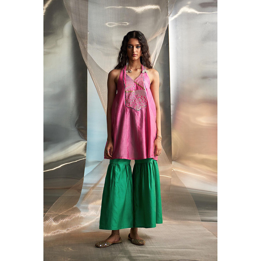 Charkhee Multicolor Mis'R Sleeveless Embroidered Kurta with Sharara and Dupatta (Set of 3)