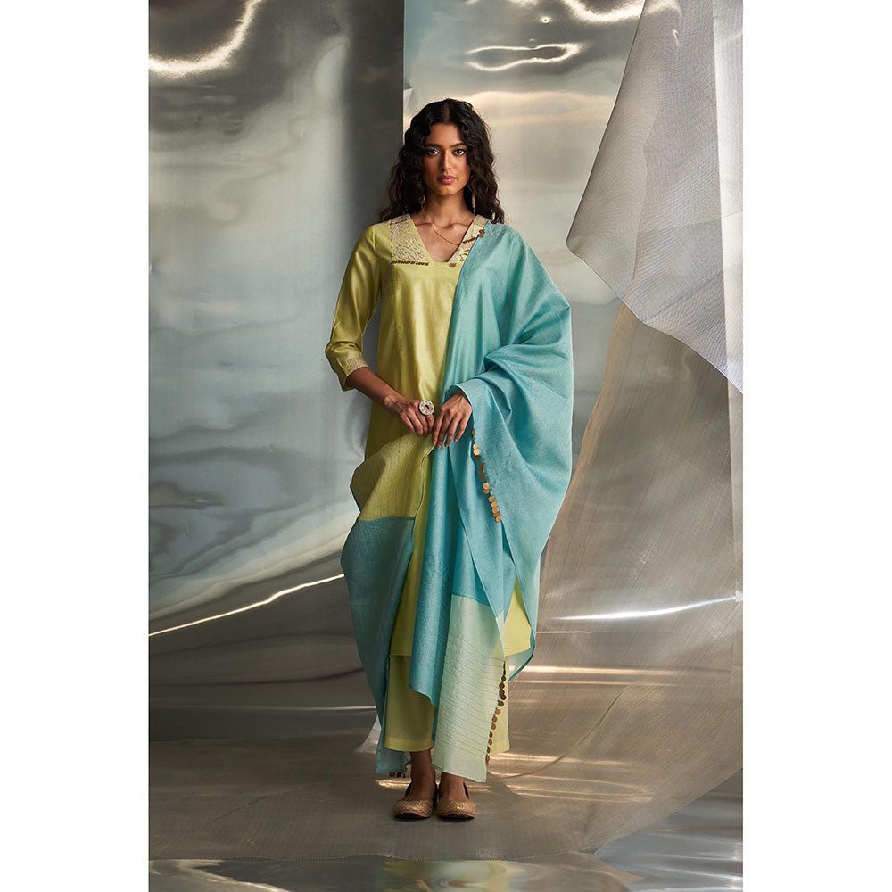 Charkhee Lime Green Mis'R Embroidered Straight Kurta with Pant and Dupatta (Set of 3)