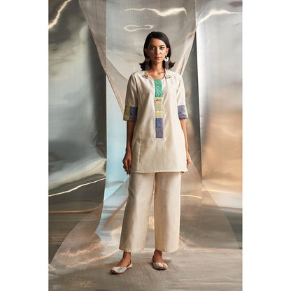 Charkhee Cream Mis'R Embroidered Short Kurti with Pant and Dupatta (Set of 3)