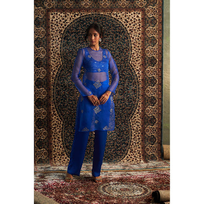 Charkhee Blue Neel Embroidered Straight Kurta with Bustier and Pant (Set of 3)